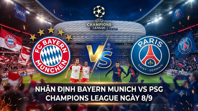 Banner thiết kế nhận định Bayern Munich vs PSG Champions League ngày 8/9 với logo hai đội đối đầu chuyên nghiệp